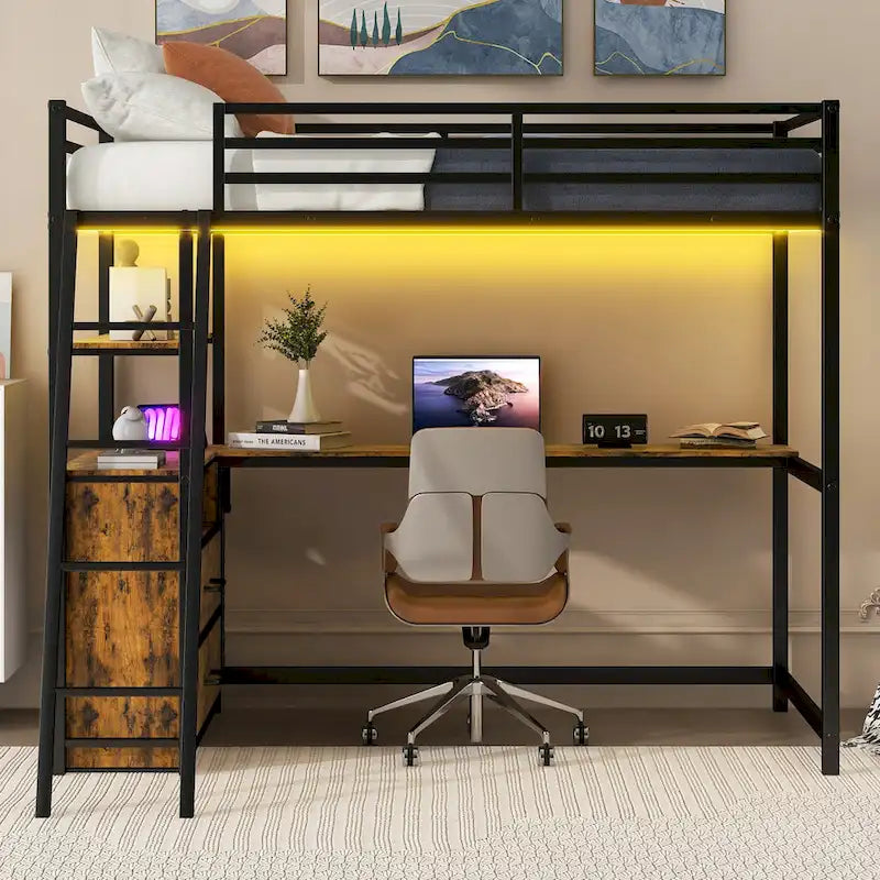 Lit mezzanine en métal et bois, format simple, avec bureau et étagères, deux tiroirs intégrés, éclairage DEL et station de recharge USB