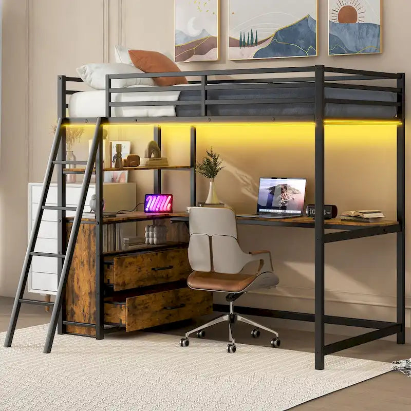 Lit mezzanine en métal et bois, format simple, avec bureau et étagères, deux tiroirs intégrés, éclairage DEL et station de recharge USB