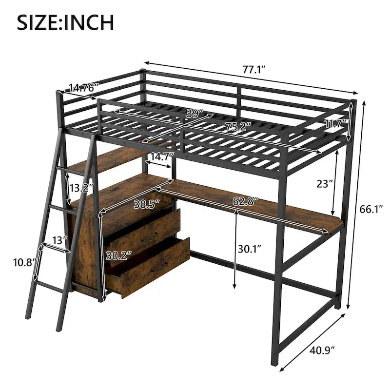 Lit mezzanine en métal et bois, format simple, avec bureau et étagères, deux tiroirs intégrés, éclairage DEL et station de recharge USB
