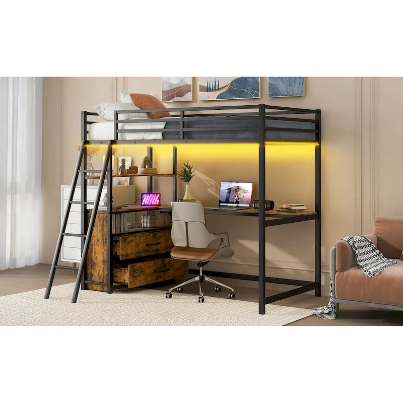 Lit mezzanine en métal et bois, format simple, avec bureau et étagères, deux tiroirs intégrés, éclairage DEL et station de recharge USB