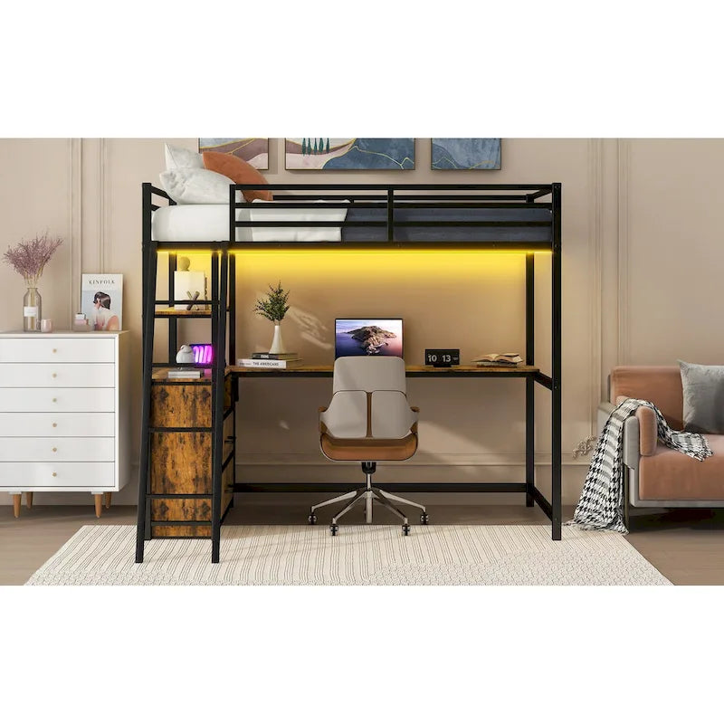 Lit mezzanine en métal et bois, format simple, avec bureau et étagères, deux tiroirs intégrés, éclairage DEL et station de recharge USB