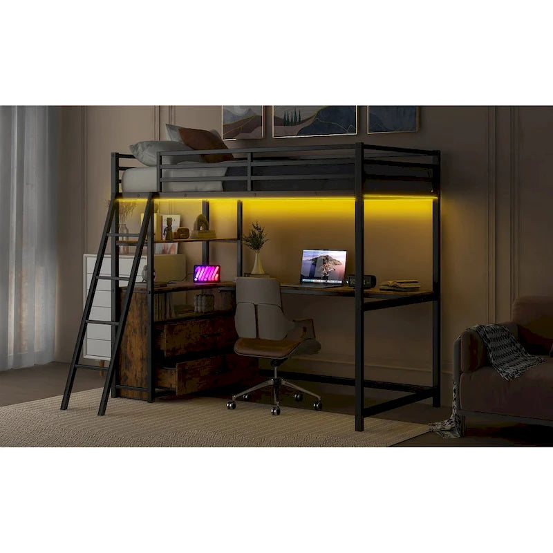 Lit mezzanine en métal et bois, format simple, avec bureau et étagères, deux tiroirs intégrés, éclairage DEL et station de recharge USB