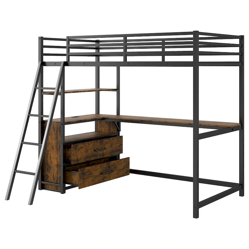 Lit mezzanine en métal et bois, format simple, avec bureau et étagères, deux tiroirs intégrés, éclairage DEL et station de recharge USB