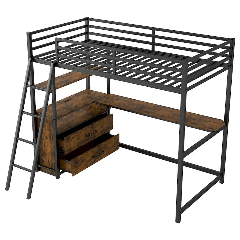 Lit mezzanine en métal et bois, format simple, avec bureau et étagères, deux tiroirs intégrés, éclairage DEL et station de recharge USB