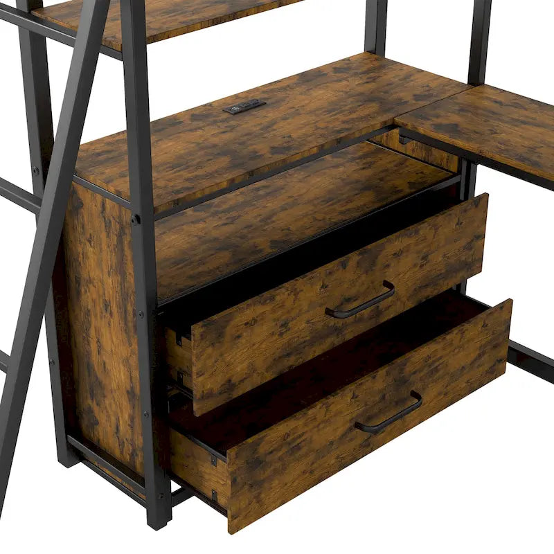 Lit mezzanine en métal et bois, format simple, avec bureau et étagères, deux tiroirs intégrés, éclairage DEL et station de recharge USB