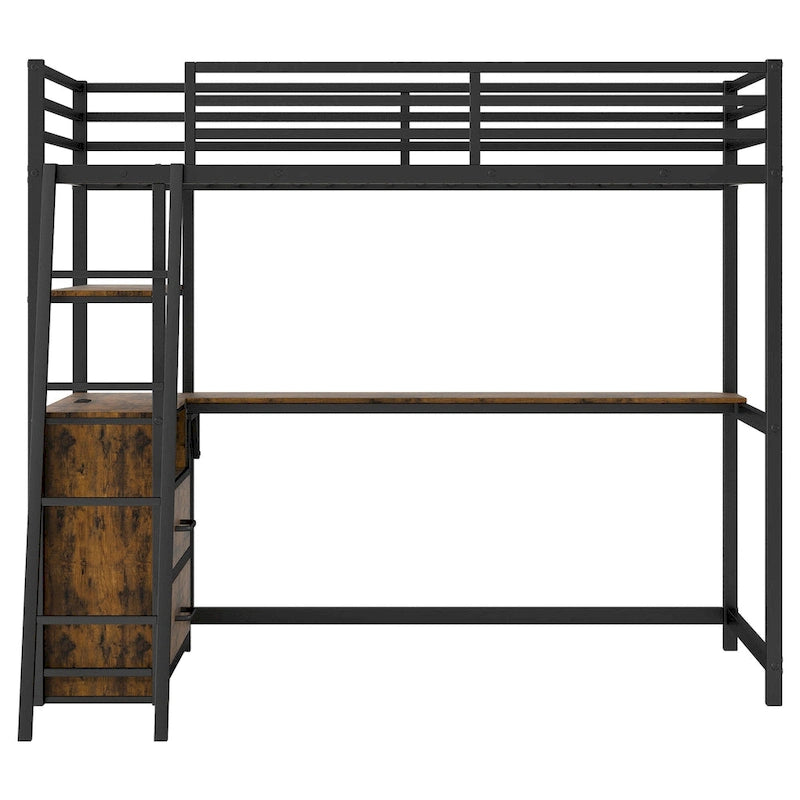 Lit mezzanine en métal et bois, format simple, avec bureau et étagères, deux tiroirs intégrés, éclairage DEL et station de recharge USB