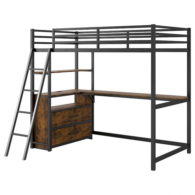 Lit mezzanine en métal et bois, format simple, avec bureau et étagères, deux tiroirs intégrés, éclairage DEL et station de recharge USB