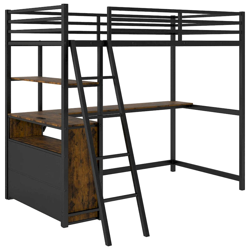 Lit mezzanine en métal et bois, format simple, avec bureau et étagères, deux tiroirs intégrés, éclairage DEL et station de recharge USB