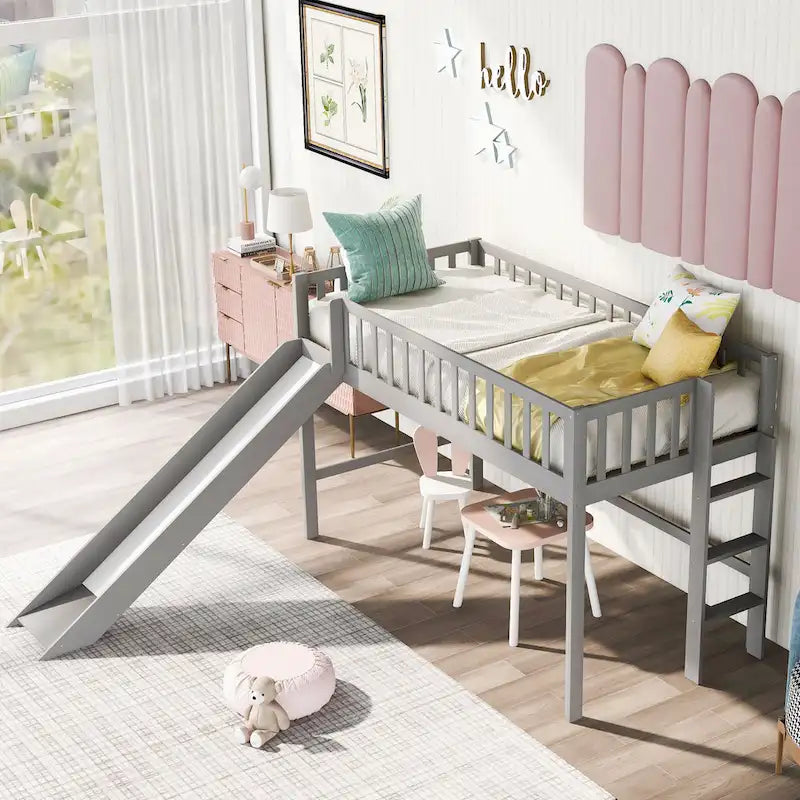 Lit mezzanine bas en bois de taille simple avec toboggan