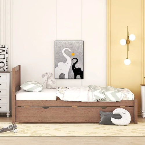 Brown Walnut Twin Bed with Trundle and Fence Headboard