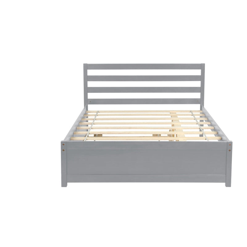 Grey Pine Platform Bed Frame with Headboard and Trundle - Full Size, No Box Spring Needed