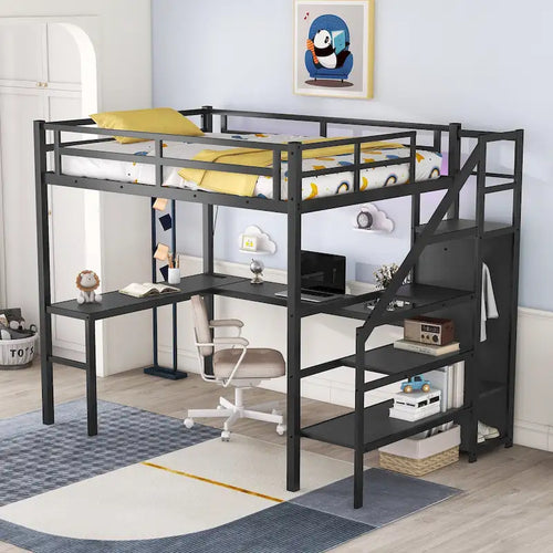Lit mezzanine en métal noir pleine grandeur avec couchage en hauteur, LED et étagère réglable