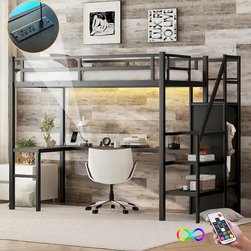 Lit mezzanine en métal noir format double XL avec bureau en L, port USB, armoire et étagère réglable
