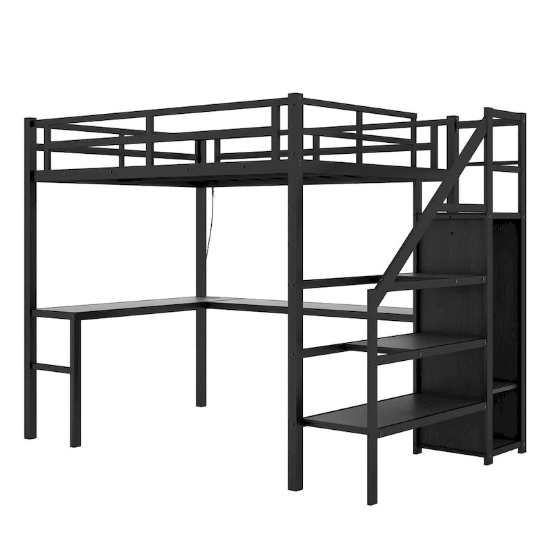 Lit mezzanine en métal noir format double XL avec bureau en L, port USB, armoire et étagère réglable