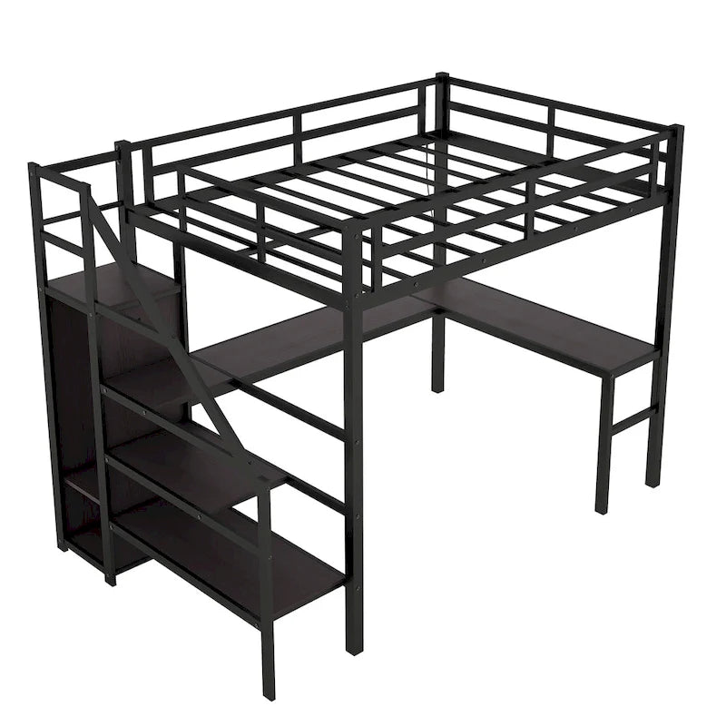 Lit mezzanine en métal noir format double XL avec bureau en L, port USB, armoire et étagère réglable