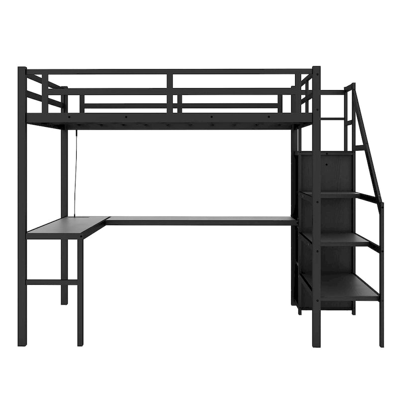 Lit mezzanine en métal noir format double XL avec bureau en L, port USB, armoire et étagère réglable