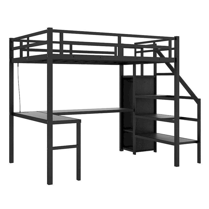 Lit mezzanine en métal noir format double XL avec bureau en L, port USB, armoire et étagère réglable