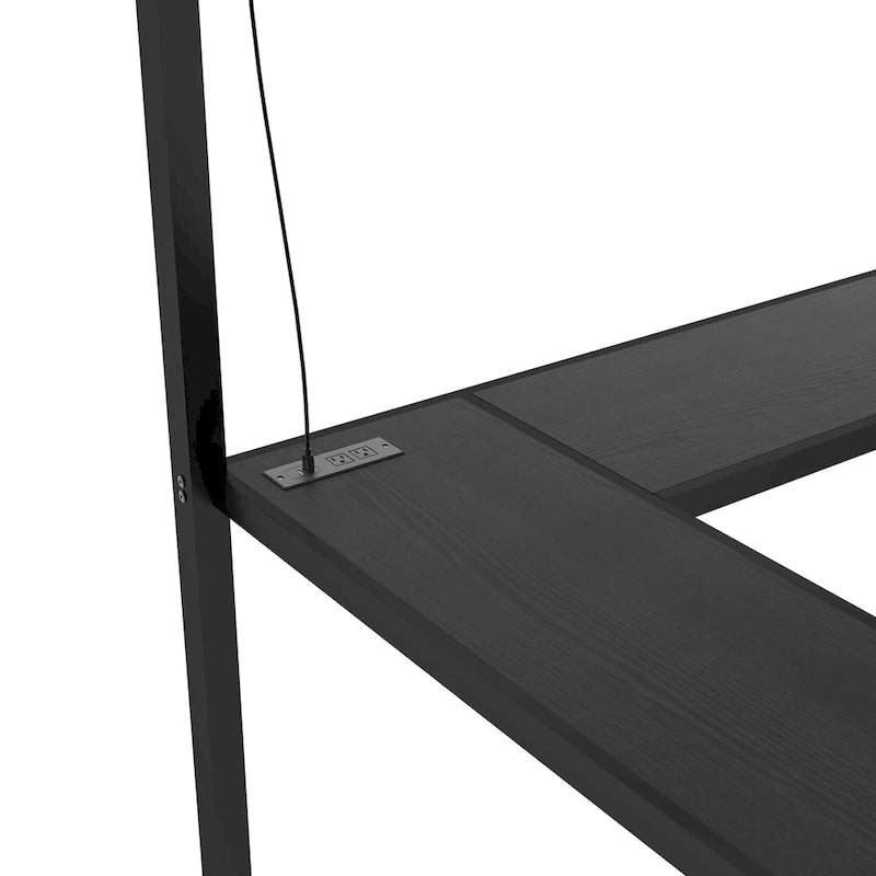 Lit mezzanine en métal noir format double XL avec bureau en L, port USB, armoire et étagère réglable