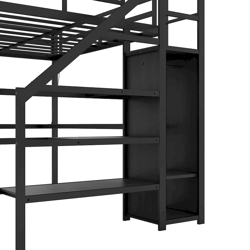 Lit mezzanine en métal noir format double XL avec bureau en L, port USB, armoire et étagère réglable