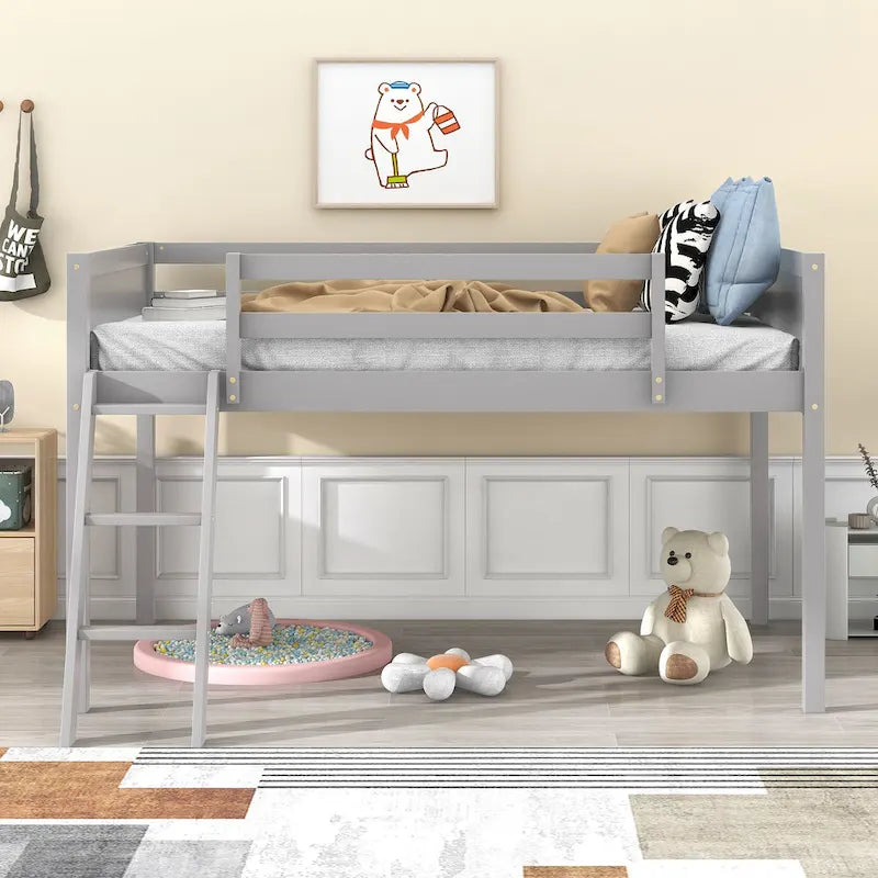 Lit bas mezzanine gris pour jumeaux en bois massif avec échelle, barrière et sommier à lattes pour chambre à coucher