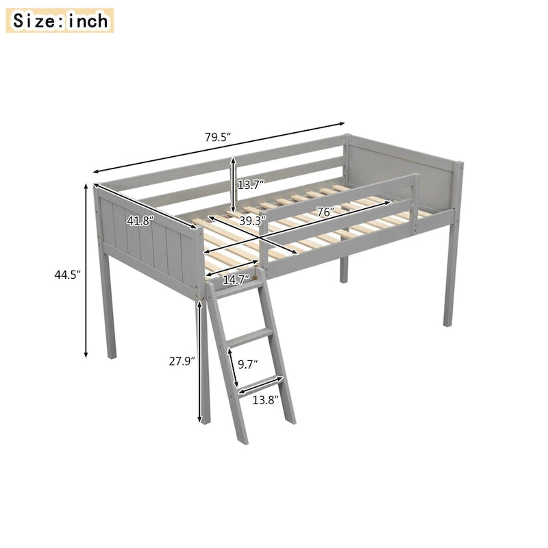 Lit bas mezzanine gris pour jumeaux en bois massif avec échelle, barrière et sommier à lattes pour chambre à coucher