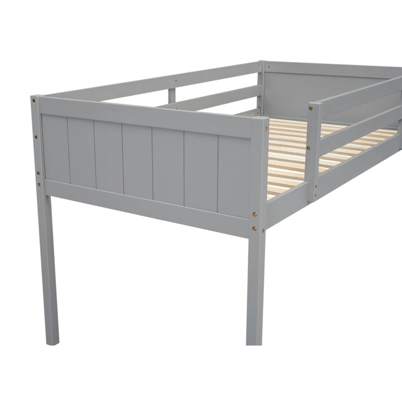 Lit bas mezzanine gris pour jumeaux en bois massif avec échelle, barrière et sommier à lattes pour chambre à coucher