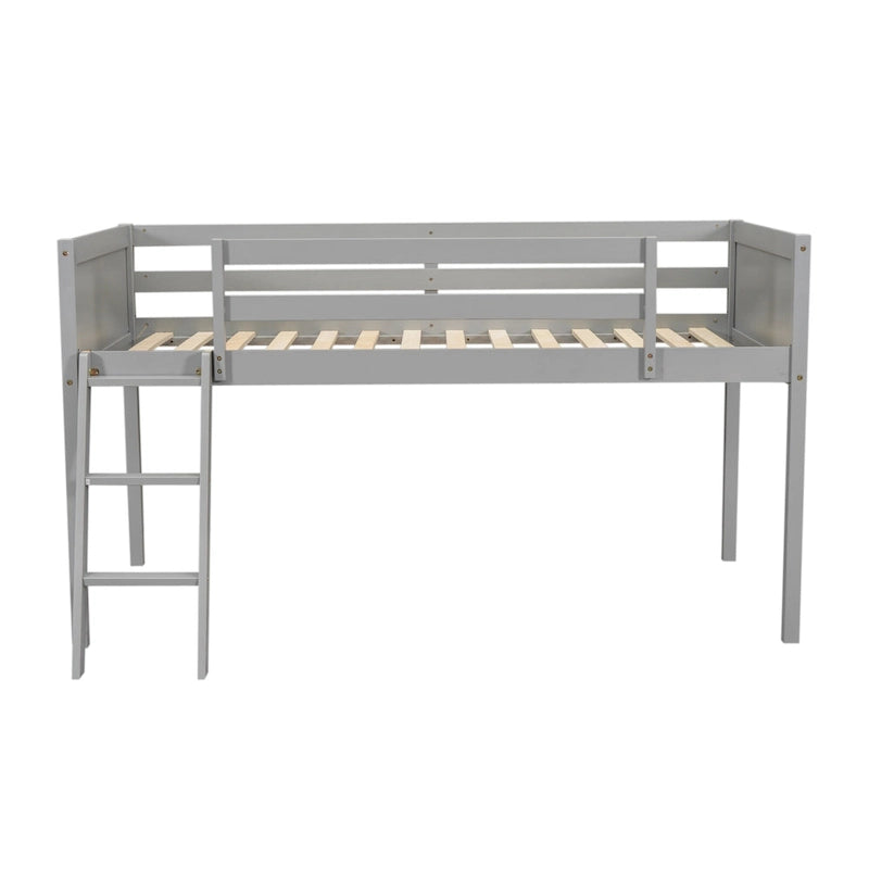 Lit bas mezzanine gris pour jumeaux en bois massif avec échelle, barrière et sommier à lattes pour chambre à coucher