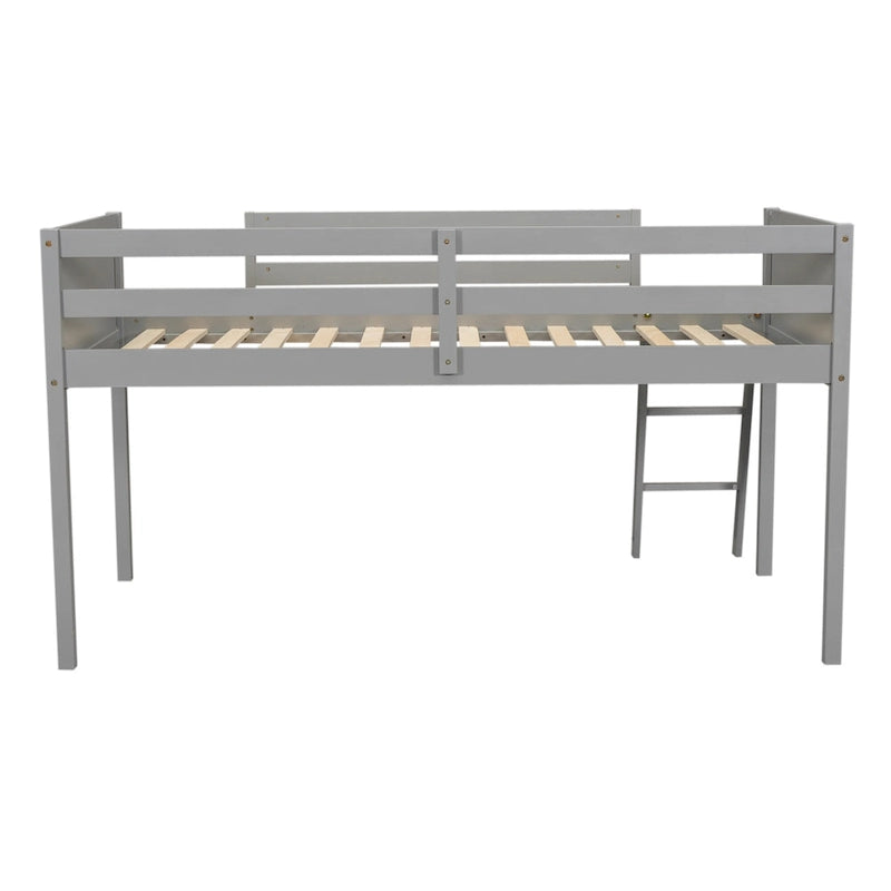 Lit bas mezzanine gris pour jumeaux en bois massif avec échelle, barrière et sommier à lattes pour chambre à coucher