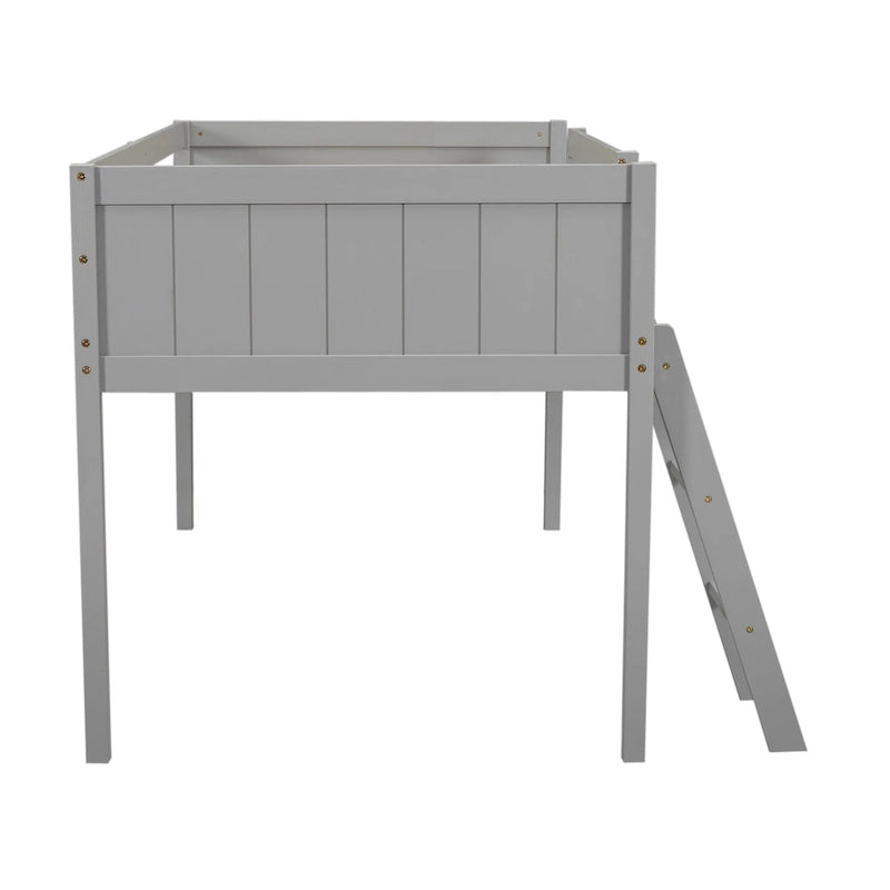 Lit bas mezzanine gris pour jumeaux en bois massif avec échelle, barrière et sommier à lattes pour chambre à coucher