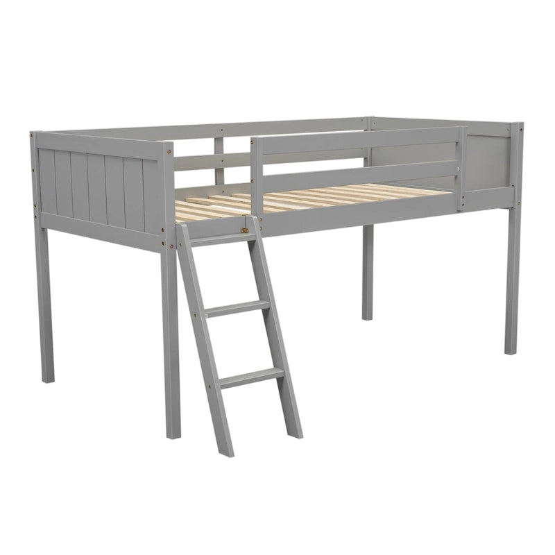 Lit bas mezzanine gris pour jumeaux en bois massif avec échelle, barrière et sommier à lattes pour chambre à coucher