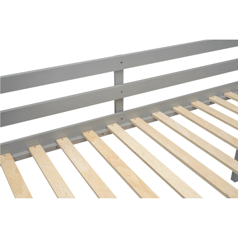 Lit bas mezzanine gris pour jumeaux en bois massif avec échelle, barrière et sommier à lattes pour chambre à coucher