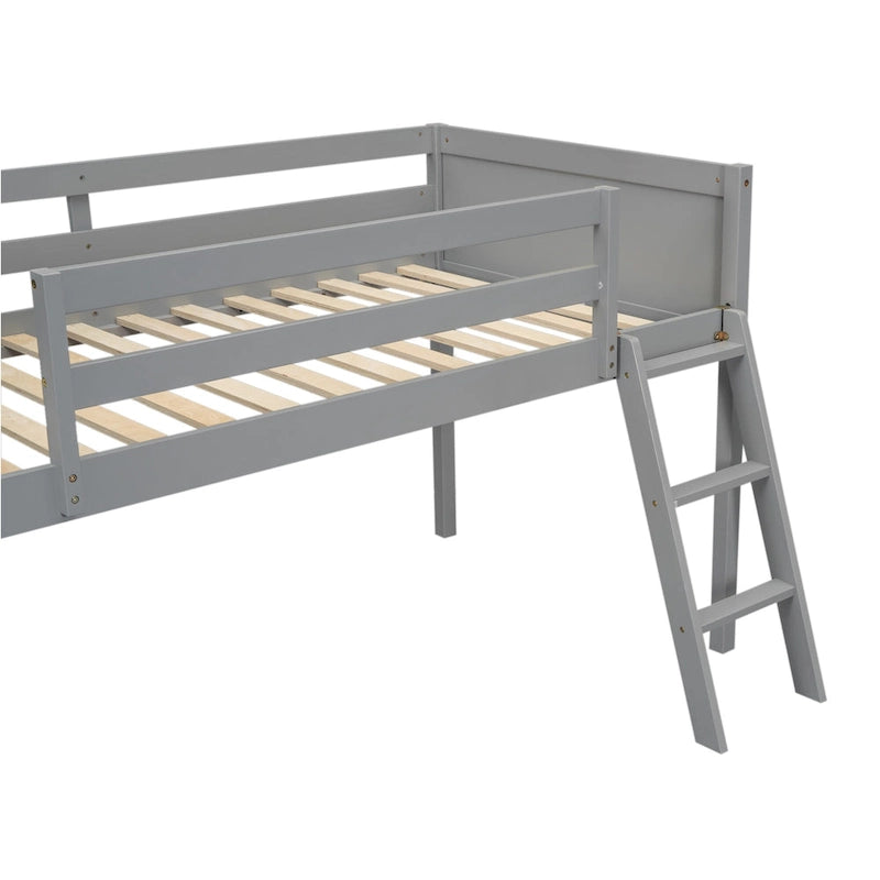 Lit bas mezzanine gris pour jumeaux en bois massif avec échelle, barrière et sommier à lattes pour chambre à coucher