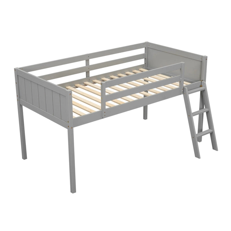 Lit bas mezzanine gris pour jumeaux en bois massif avec échelle, barrière et sommier à lattes pour chambre à coucher