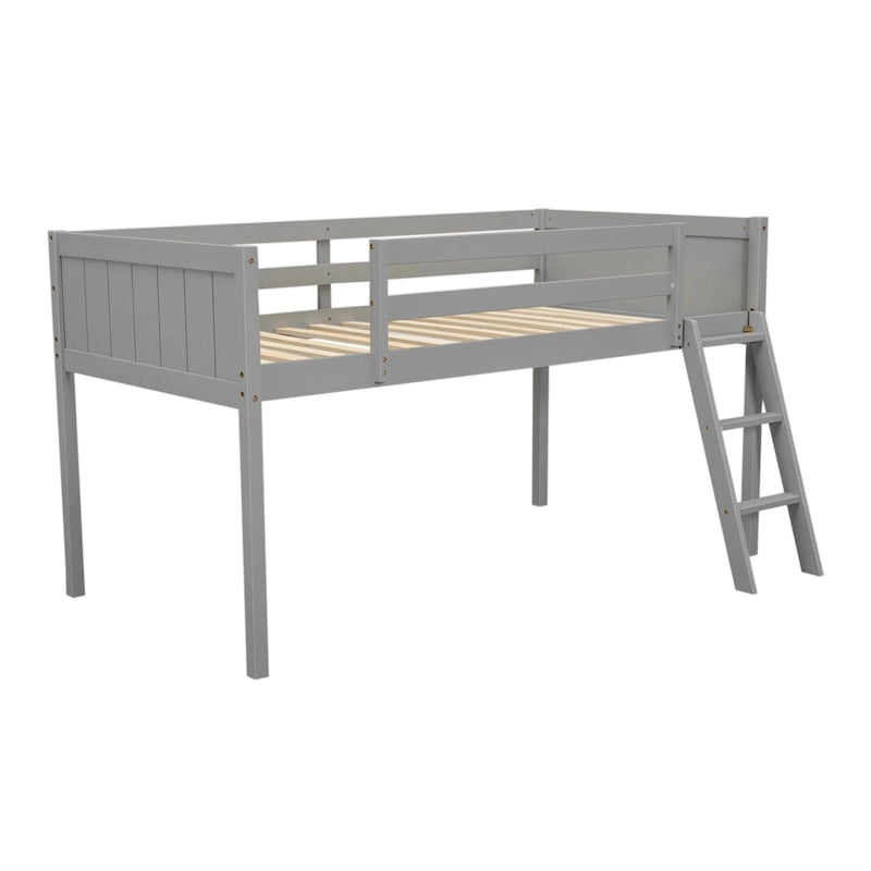 Lit bas mezzanine gris pour jumeaux en bois massif avec échelle, barrière et sommier à lattes pour chambre à coucher