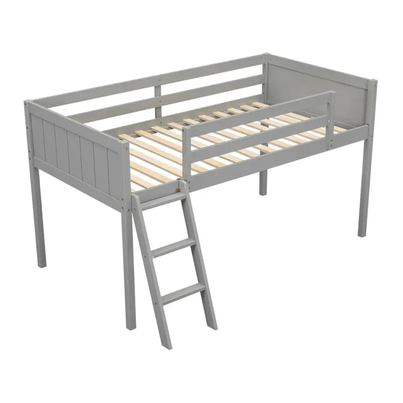 Lit bas mezzanine gris pour jumeaux en bois massif avec échelle, barrière et sommier à lattes pour chambre à coucher