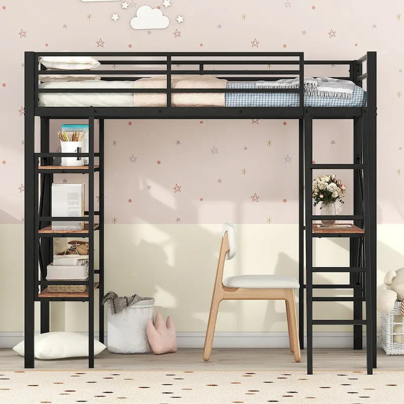 Twin Size Metal Loft Bed with Shelves and Desk for Kids