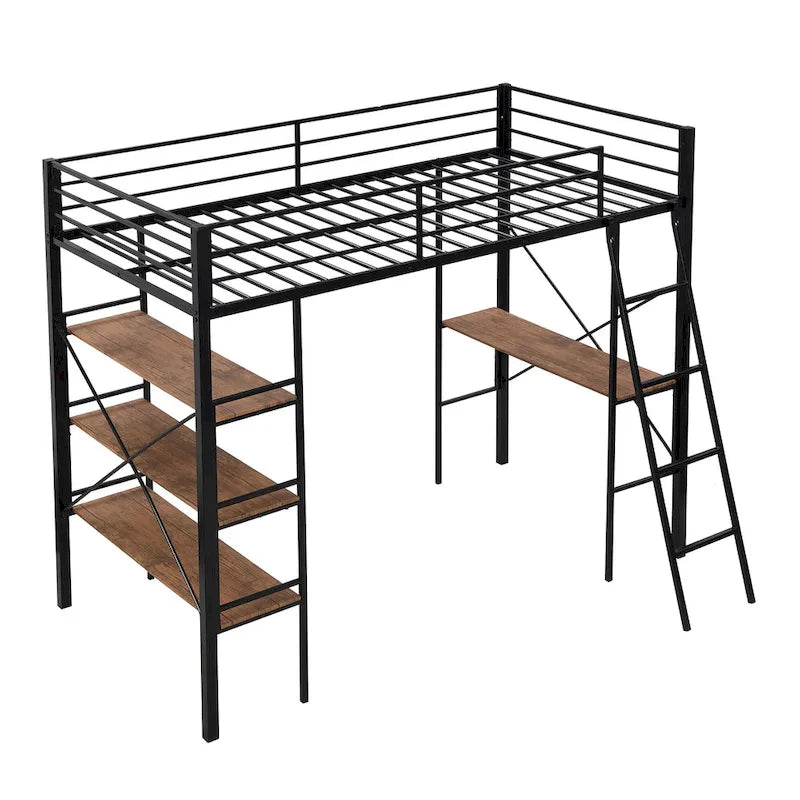 Lit mezzanine simple en métal avec étagères et bureau pour enfants