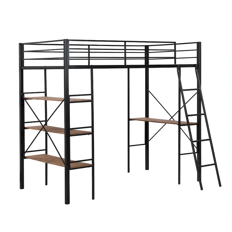 Lit mezzanine simple en métal avec étagères et bureau pour enfants