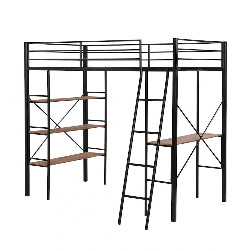 Lit mezzanine simple en métal avec étagères et bureau pour enfants