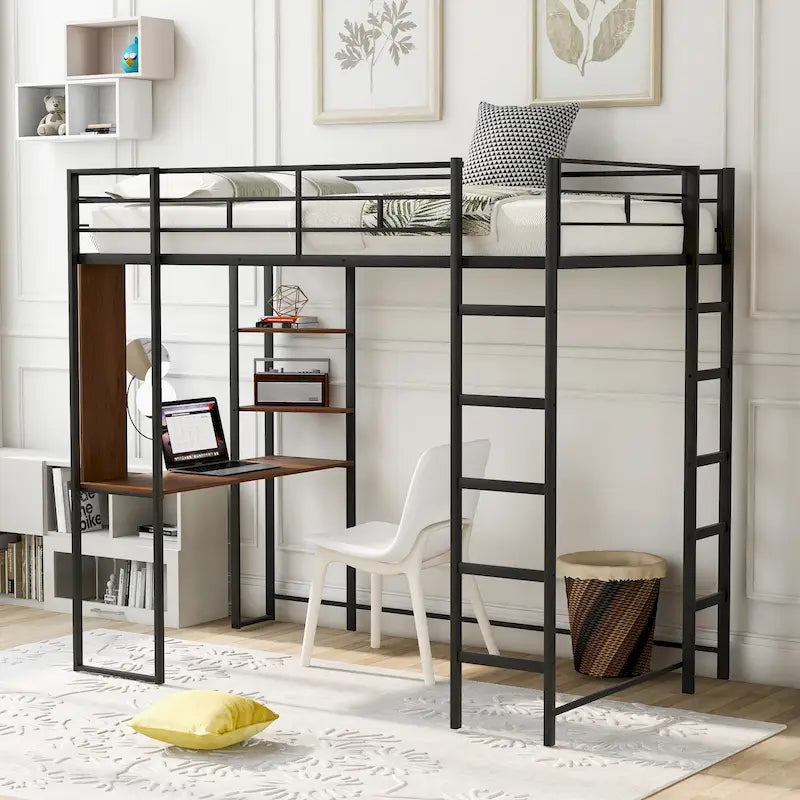 Lit mezzanine noir en métal, taille double, avec échelle, clôture, 2 étagères et bureau pour chambre à coucher