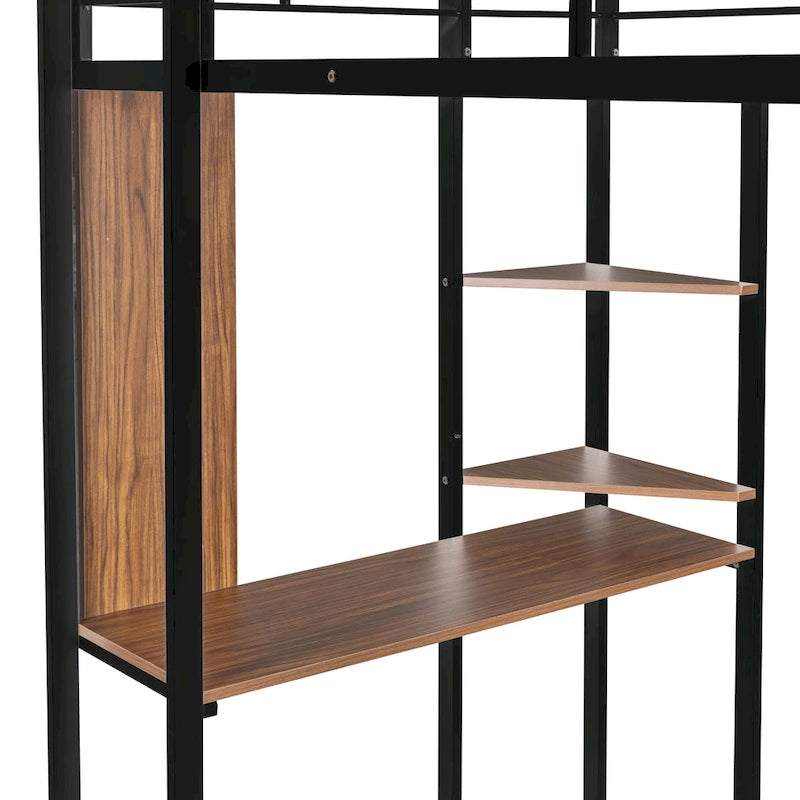 Lit mezzanine noir en métal, taille double, avec échelle, clôture, 2 étagères et bureau pour chambre à coucher