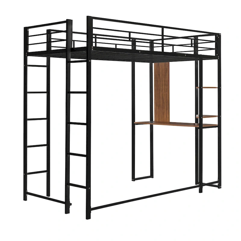 Lit mezzanine noir en métal, taille double, avec échelle, clôture, 2 étagères et bureau pour chambre à coucher