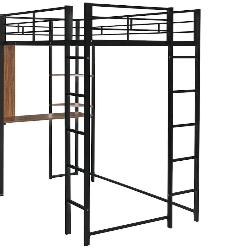 Lit mezzanine noir en métal, taille double, avec échelle, clôture, 2 étagères et bureau pour chambre à coucher
