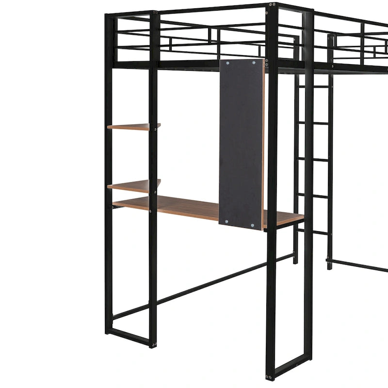 Lit mezzanine noir en métal, taille double, avec échelle, clôture, 2 étagères et bureau pour chambre à coucher