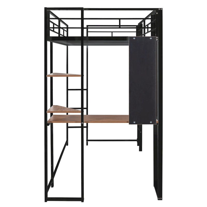 Lit mezzanine noir en métal, taille double, avec échelle, clôture, 2 étagères et bureau pour chambre à coucher