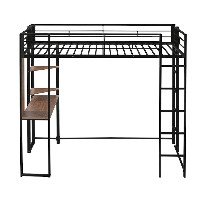 Lit mezzanine noir en métal, taille double, avec échelle, clôture, 2 étagères et bureau pour chambre à coucher