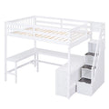 White Full Size Pine Wood Loft Bed with L-shaped Desk and Storage Staircase