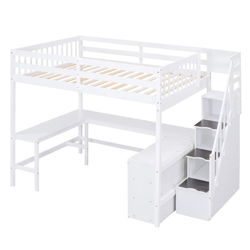 White Full Size Pine Wood Loft Bed with L-shaped Desk and Storage Staircase