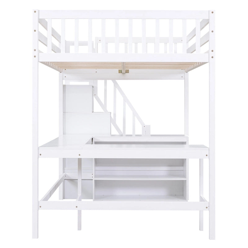 Lit mezzanine en pin blanc pleine grandeur avec bureau en L et escalier de rangement