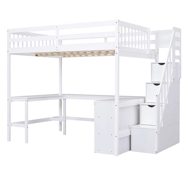 Lit mezzanine en pin blanc pleine grandeur avec bureau en L et escalier de rangement